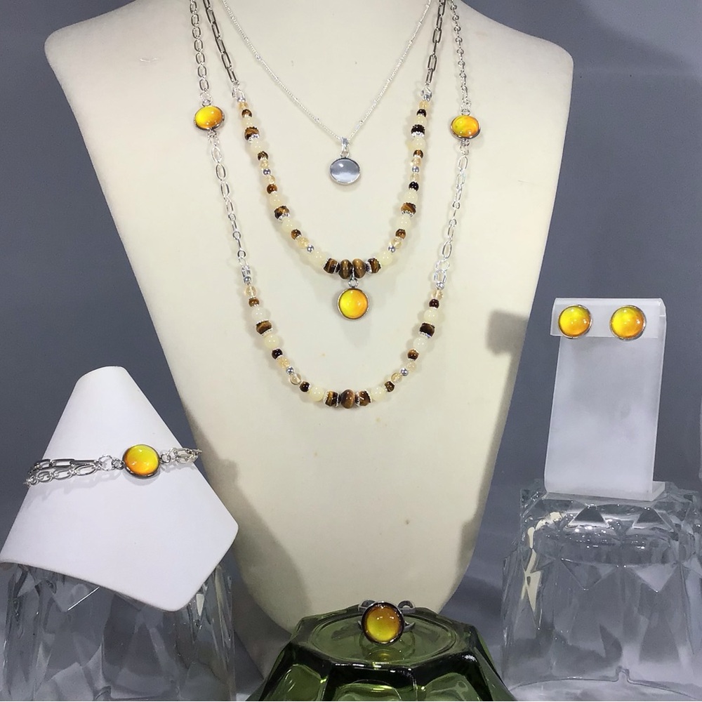 Handmade Pop of Color 3 Piece Necklace Set-Glass Cabochon-Gemstone-Tiger Eye